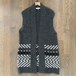 White + Warren Alpaca Jacquard Vest Charcoal Multi Longline Open Front Grey S